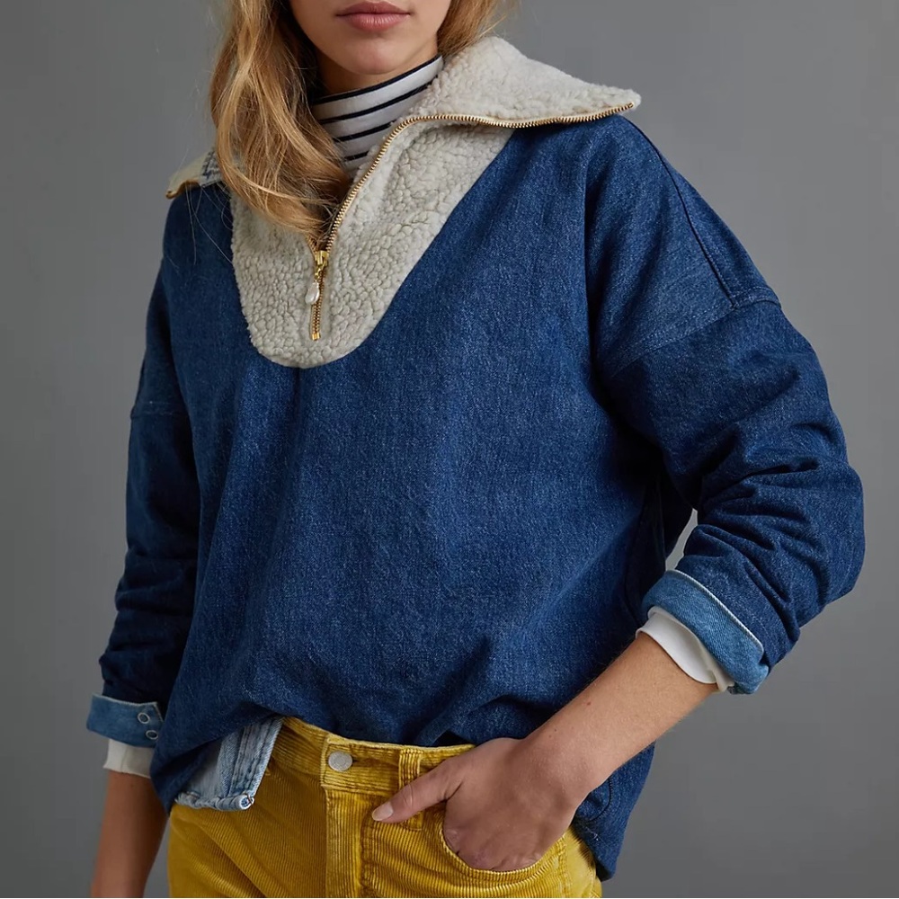 Anthropologie Donni Sherpa-Trimmed Denim Pullover